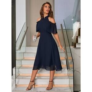 Holiday Navy ruffle midi dress high neck romantic peekaboo shoulder Sz S regency